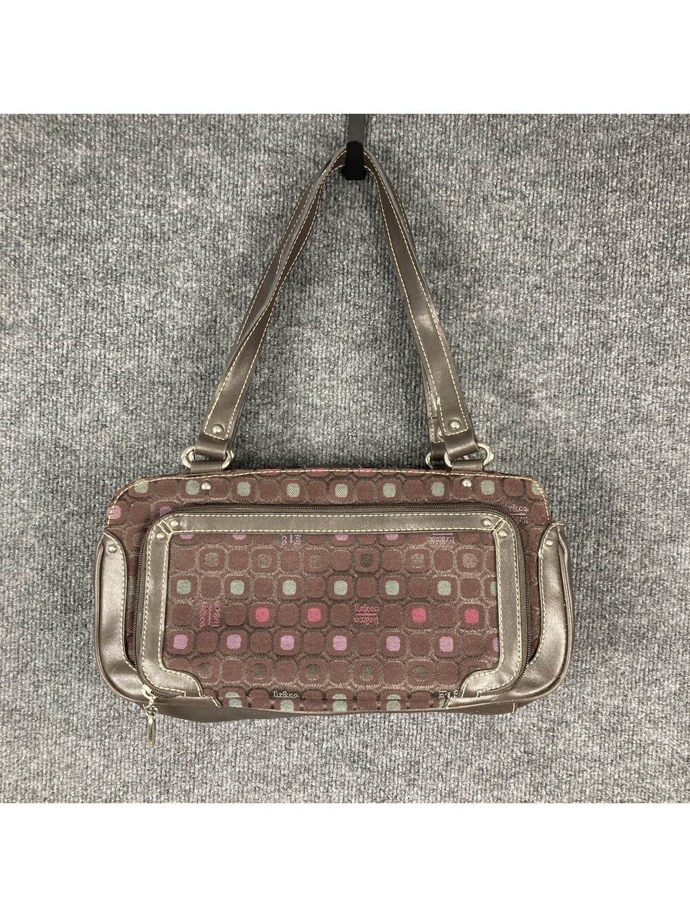 Liz & Co. Brown Square Pattern Double Top Handled Multi-Compartment Purse Bag